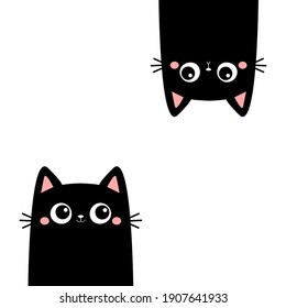 Two black kitten face head hanging upside down. Cat set. Funny Cute kawaii cartoon baby character. Happy Halloween. Notebook sticker print template. Flat design. White background. Vector