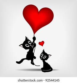 two black kittens, beautiful black kitty hanging on red heart - balloon on gray background - vector illustration