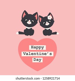 Two black kittens/cats in love. Romantic Valentine's Day greeting card template