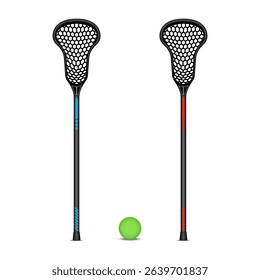 Two of black lacrosse sticks and green ball realistic 3d vector isolated on white background front view with blue and red markings, sports equipment set for training, match or school competition.