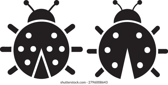 Two black ladybugs with white spots, Insect silhouette.