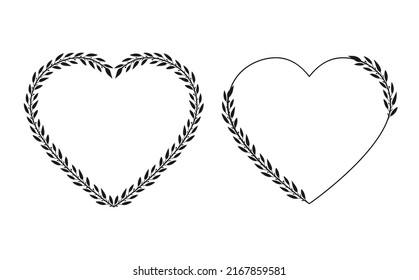 Two black laurel wreaths in the shape of a heart. Leaves and branches of laurel. Vector illustration for design.