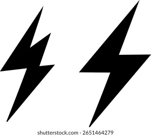 Two black lightning bolt symbols are displayed side-by-side against a stark white background. These iconic shapes represent energy, power, and speed, perfect for graphic design and conceptual use.