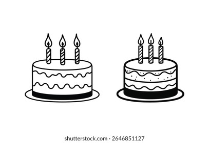 Two black line drawing birthday cakes with three striped candles each, the cakes are tiered and set on small plates, on a white background.
