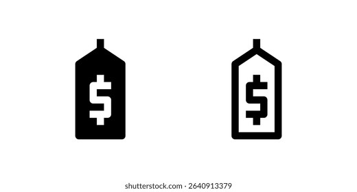 Two black line icons of classic price tags, one with a dollar sign. Suitable for retail, sales, pricing, discounts, or product information in e-commerce.
