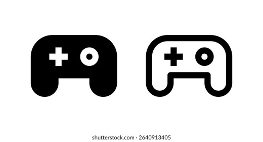 Two black line icons of classic game controllers. Represents gaming, entertainment, recreation, or technology. Ideal for gaming apps, streaming services, or leisure activity interfaces.