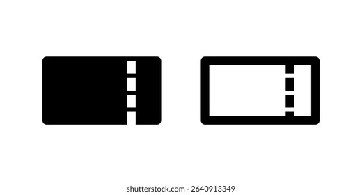 Two black line icons of event tickets. Represents events, entry, admissions, booking, or entertainment. Suitable for ticketing platforms, event management, or travel apps.