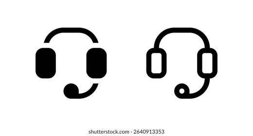 Two black line icons of headsets, symbolizing customer support, assistance, call center, or helpdesk. Ideal for service pages, contact us sections, or technical support.