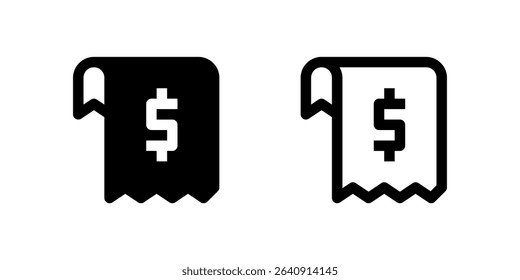 Two black line icons of an invoice with a dollar sign. Represents billing, payment, transactions, or financial documents. Ideal for accounting software, payment apps, or business reports.