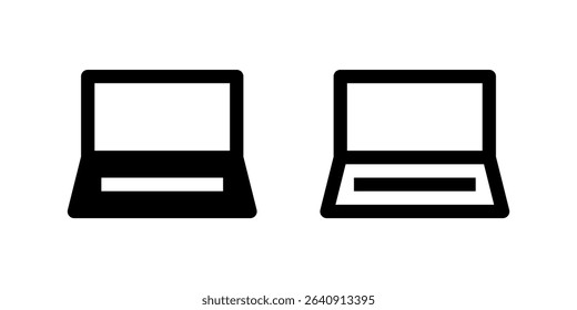 Two black line icons of a laptop computer, symbolizing technology, work, or computing. Suitable for tech support, office productivity, e-learning, or digital services.