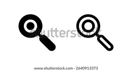 Two black line icons of a magnifying glass, representing search, explore, find, or discovery. Essential for websites, apps, and digital platforms with search functionalities.