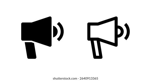 Two black line icons, one of a megaphone and another of a speaker, symbolizing promotion, announcement, marketing, or advertising. Ideal for digital campaigns, news, or public relations.