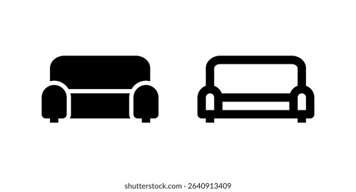 Two black line icons of sofas, representing furniture, interior design, home decor, or living spaces. Useful for real estate, home furnishing apps, or domestic themes.