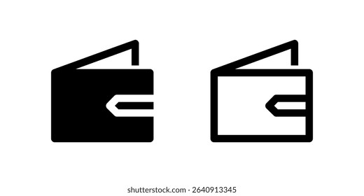 Two black line icons of wallets, symbolizing money, finance, cash, or personal finance management. Useful for banking apps, payment systems, or budgeting tools.