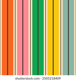 Two black lines grass green pink yellow blue orange vertical stripes on beige white