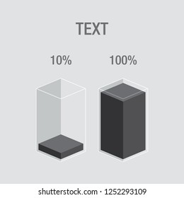 Two black liquid histogram glass bars display. 10% 100% numbers & text. Flat design illustration inforchart infographic elements for app ui ux web banner button vector isolated on black background