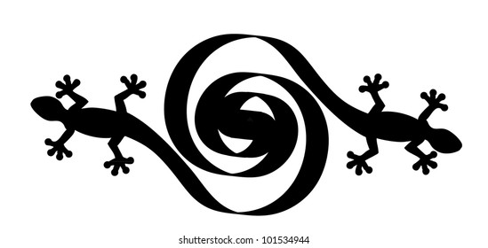 Two black lizards with long spiral tails tightened together and forming a maze, isolated on the white background