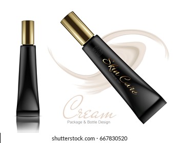 two black long plastic tubes with golden caps and beige cream elements, for foundation package design use, isolated white background 3d illustration