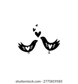 Two black lovebirds facing each other with hearts on wings and floating above. Minimal silhouette vector symbolizing love, romance, couple, and affection.