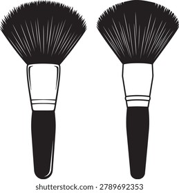 Two black makeup brushes shown from above, isolated on white. Cosmetic tools for applying powder or blush. Beauty and fashion vector icons.