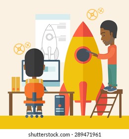 Dos hombres negros para lanzar una nueva idea de start-up en los negocios. Concepto de negocio. Un estilo contemporáneo con una paleta pastel y un fondo beige suave. Ilustración de diseño plana vectorial. Diseño cuadrado