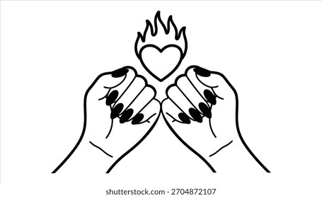 Two black manicured hands reaching up towards a flaming heart symbol on a white background female hands