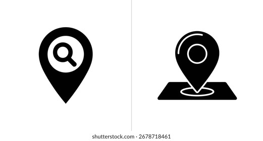 Dois ícones pretos de pinos de mapa, um exibindo uma lupa e o outro apontando um ponto na superfície, posicionados contra um fundo branco limpo.