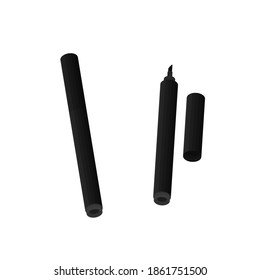 Two black markers isolated on white background. Open cap and closed marker. Writing materials, stationery. Vector illustration, flat cartoon color minimal design isolated on white background, eps 10.