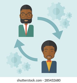 Two black men in exchanging ideas. Partnership concept. A contemporary style with pastel palette soft blue tinted background. Vector flat design illustration. Square layout.