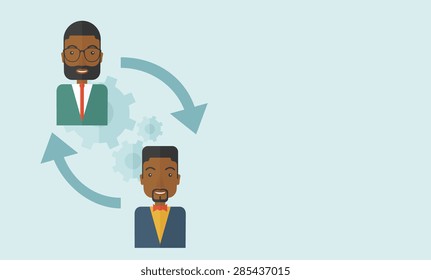 Two black men in exchanging ideas. Partnership concept. A contemporary style with pastel palette soft blue tinted background. Vector flat design illustration. Horizontal layout with text space