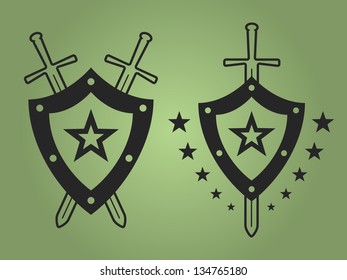 Two black military style emblems with shields and swords