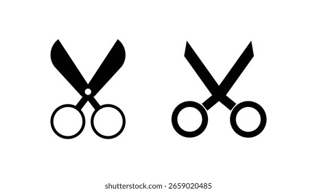 Zwei schwarze minimalistische Scheren-Symbole, eines mit abgerundeten Klingen und das andere mit spitzen Klingen