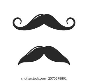 Two black moustache icons with different styles on a white background. Minimalist design concept for grooming, fashion, or barber themes. Vector illustration