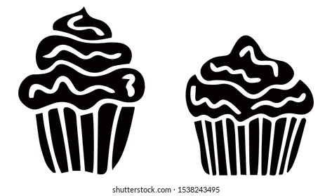 Two black muffins on a white background. Hand drawing. Isolated objects. Vector.