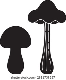 Two black mushroom silhouettes with white background