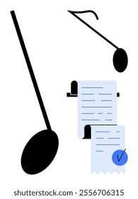 Two black musical notes and a blue checkmark on a scrolling document represent the harmony between music and documentation. Ideal for music, composition, task completion, organization, and creativity