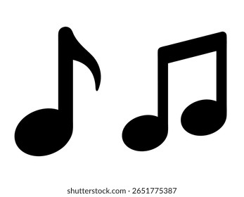 Duas notas musicais pretas, uma única oitava nota e um par de oitavas com vigas, são isoladas em um fundo branco limpo, simbolizando música e melodia.