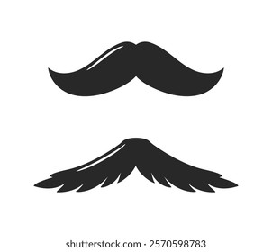 Two black mustache designs in simple style on a white background. Creative and elegant vector element for grooming, barber, or retro concepts. Vector illustration.