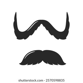 Two black mustache illustrations in different styles, drawn in a simple black-and-white vector design. Minimalist concept of facial hair styles. Vector illustration.