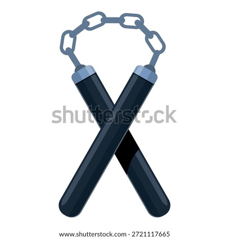 Two black nunchaku crossed, connected by metal chain, representing martial arts and self defense