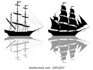 Two black old ships isolated on white - vector