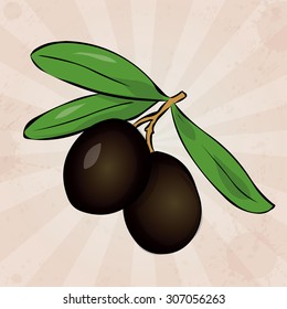 Two black olives on branch with leaves. Hand drawn vector illustration.