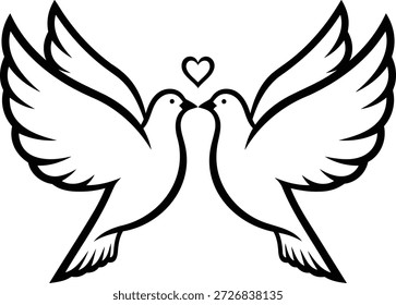 Two black outline doves facing each other with beaks touching and a small heart above them on a white background