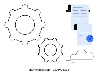 Two black outline gears on the left, a completed document with a blue check mark on the right, and a cloud below the document. Ideal for project management, workflow, efficiency, automation, and data