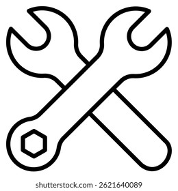 Two black outline wrenches crossing each other in a minimalist line art style perfect for repair or maintenance services graphics.