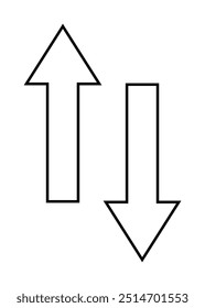 Two black outlined arrows, one pointing upwards and one pointing downwards. Ideal for: navigation icons, direction symbols, user interface design, infographic elements, and educational illustrations.