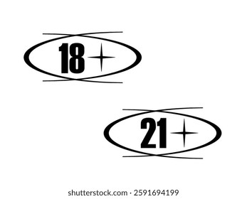 Two black oval-shaped symbols, each enclosing a bold number "18" and "21" with a small star-like (+) symbol beside them. These markings likely indicate age restrictions, used for content ratings.