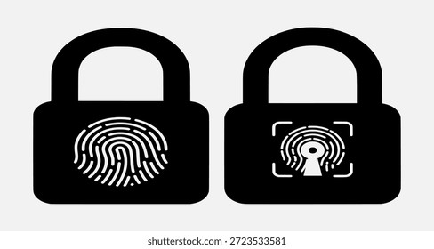 Dois cadeados pretos com símbolos de autenticação biométrica, impressão digital e reconhecimento facial, em um fundo cinza claro.