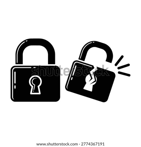 Two black padlocks one broken symbolizing security breach or vulnerability to hacking and theft