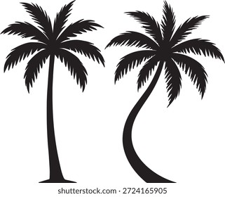 Dos siluetas de palmeras negras con troncos curvos y hojas tropicales, aisladas sobre fondo blanco. Ideal para verano, playa, viajes, diseño tropical, logotipos y Ilustraciones vectoriales.